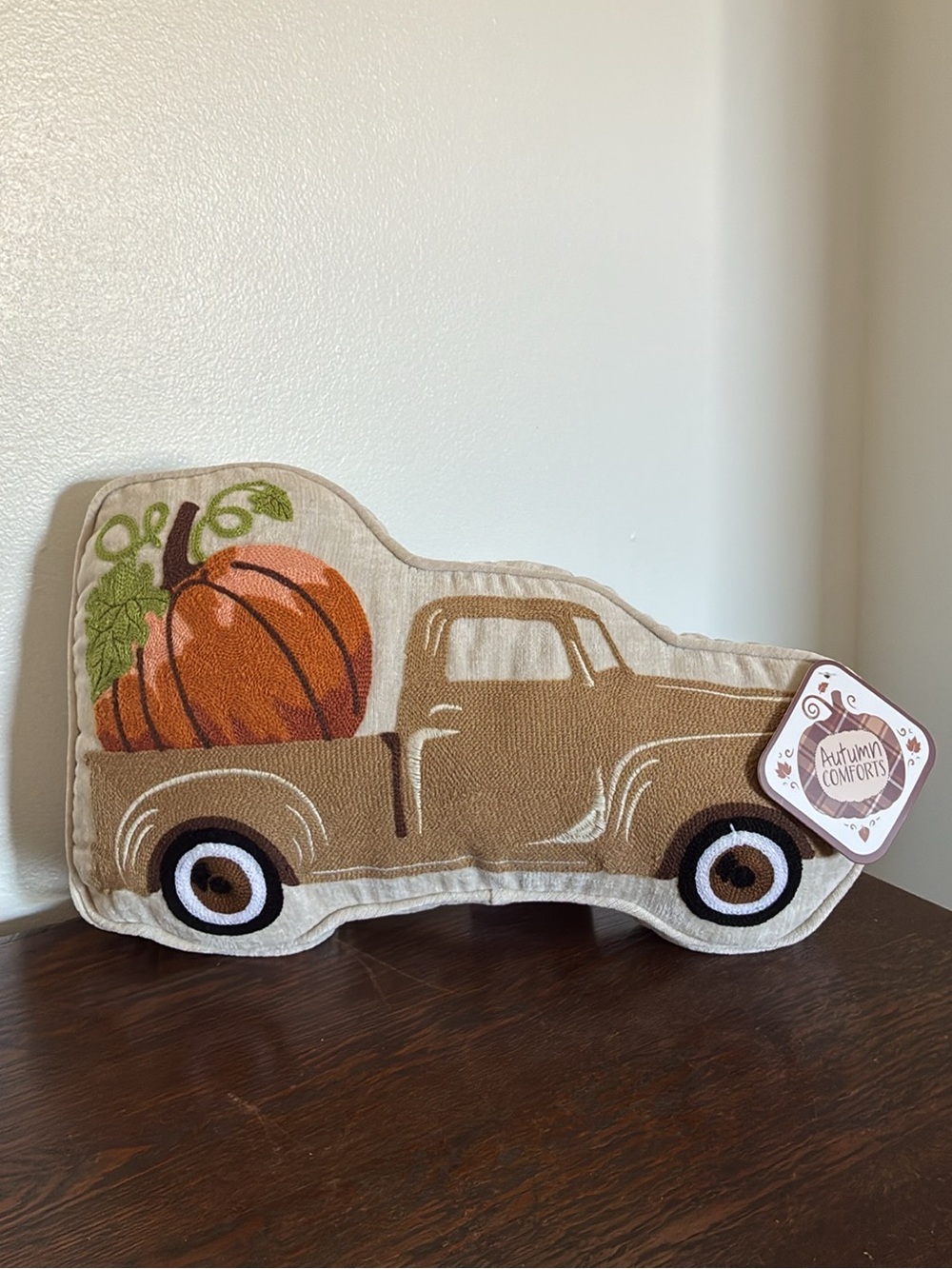 NWT 11x17- Super Soft- Embroidered-Tan Farm Truck w/ Pumpkin Decorative Pillow